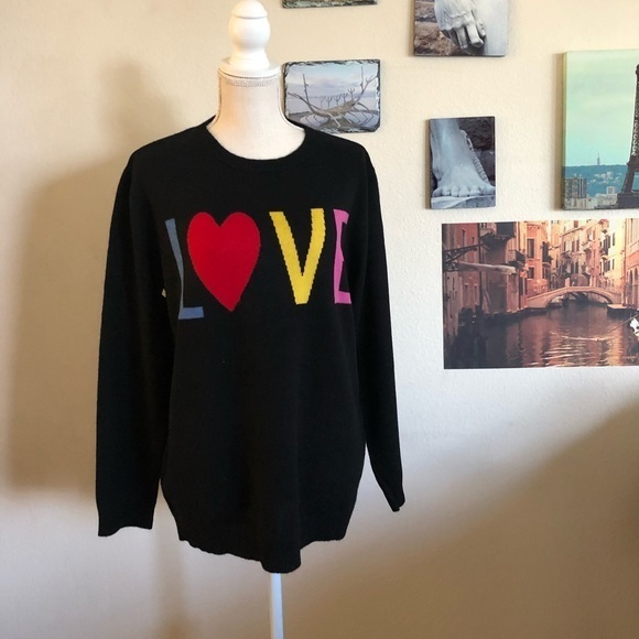 Neiman Marcus Sweaters - Neiman Marcus LOVE black crew neck cashmere sweater with rainbow graphic, Sz. L